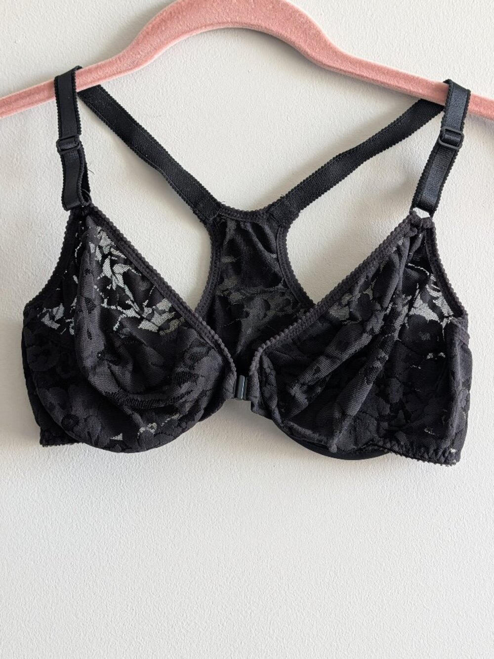 Vintage Victoria's Secret Gold Tag Lace Bra 36C Sheer Black Racerback Front Open
